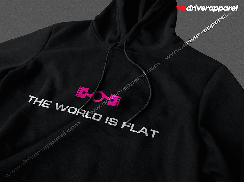 Black Subaru enthusiast boxer engine hoodie with the words "The World Is Flat"
