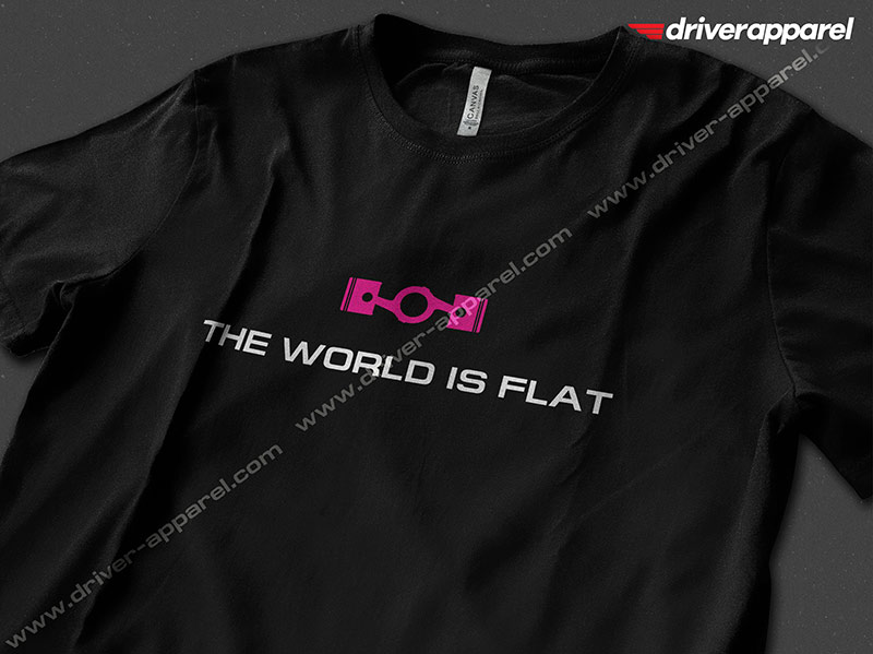 Black Subaru enthusiast boxer engine shirt with the words "The World Is Flat"