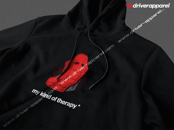 Red Racing Seat Image in style of Recaro and Sparco and a sign that says "My Kind of Therapy" on a black hoodie.